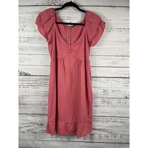 IKKS Women Dress 36 Size S Pink 100% Linen Puff Sleeve Ruched Empire Waist Midi